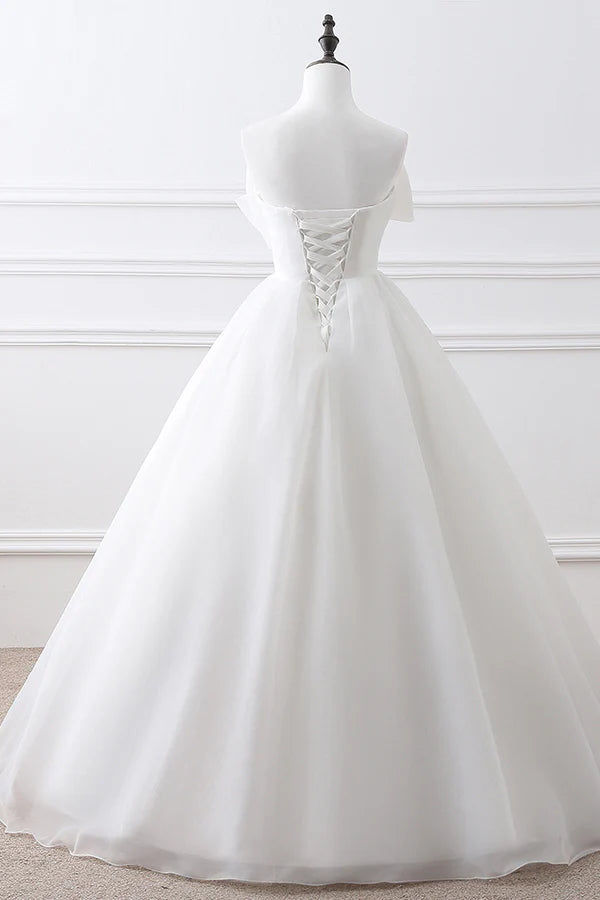 Strapless Organza Wedding Dresses with Oversized Front Bow, Lace-Up Corset Back and Voluminous Ball Gown Silhouette Bridal Gown