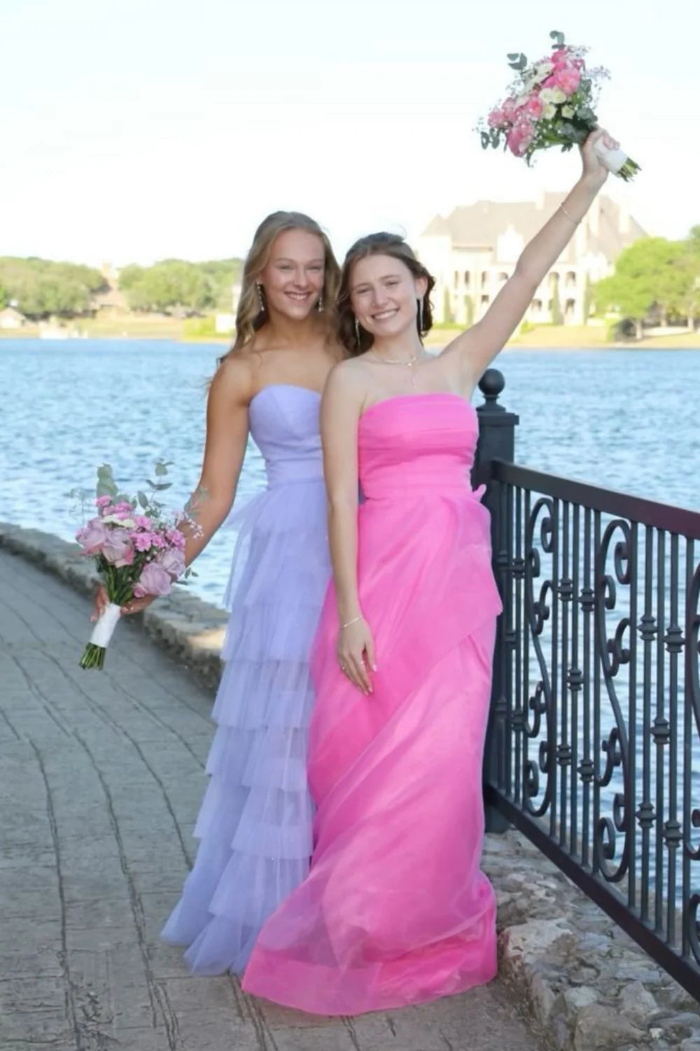 Strapless Pink Ruffled Hem A-line Long Full Of Charm Prom Dresses