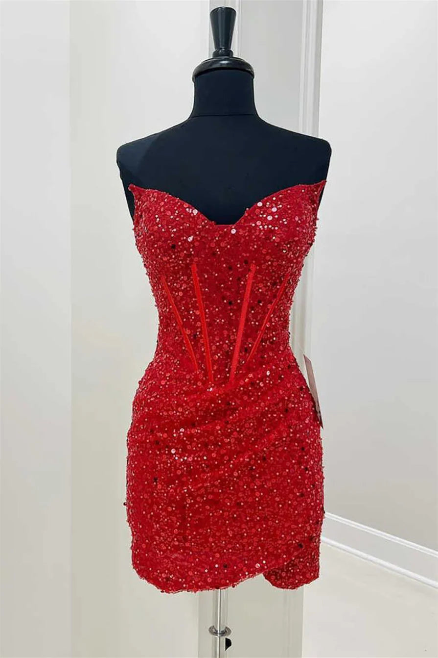 Strapless Red Sequin Bodycon Short Full Of Charm Homecoming Dresses