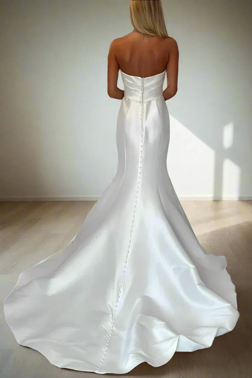 Strapless Satin Wedding Dresses with Sweetheart Neck, Mermaid Silhouette and Buttoned Train Bridal Gown