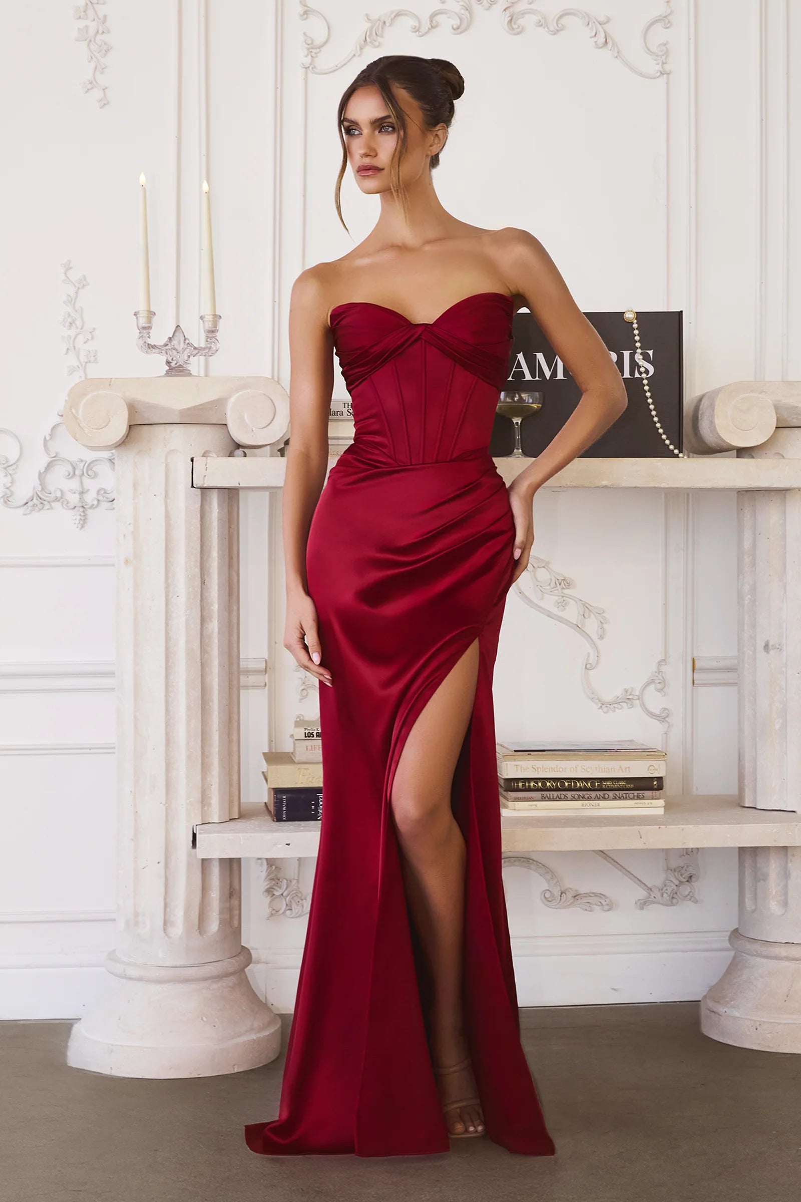 Strapless Sweetheart Corset Ruched Satin Mermaid Slit Floor-Length Evening Dress