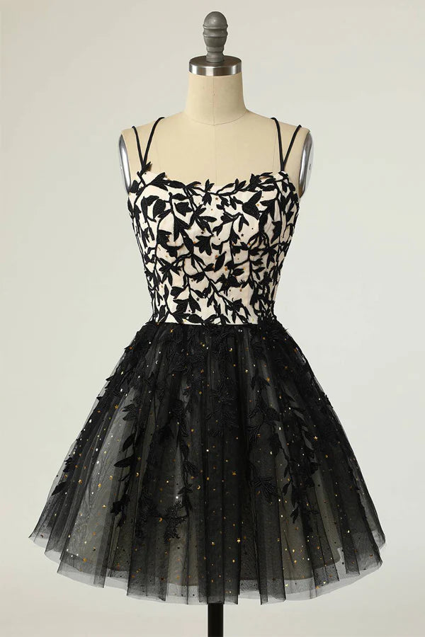 Straps Black Appliques Short Prom Dress Homecoming Dress with Sequins