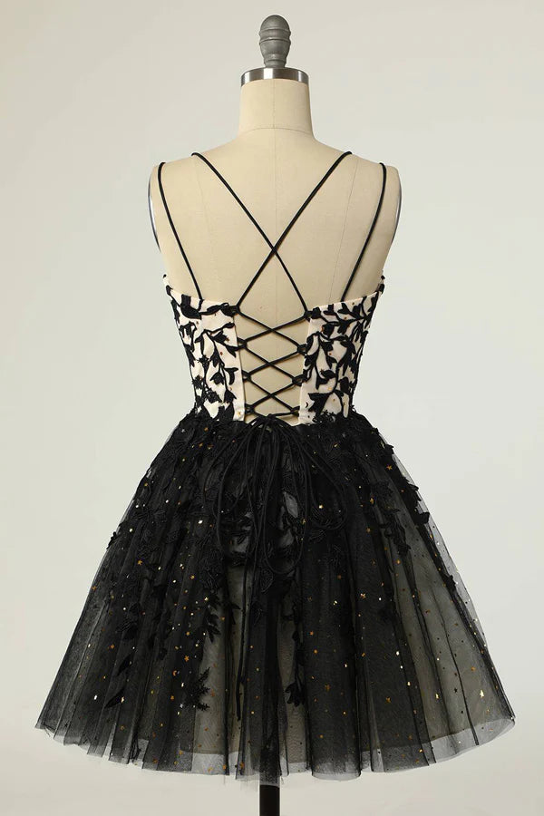 Straps Black Appliques Short Prom Dress Homecoming Dress with Sequins