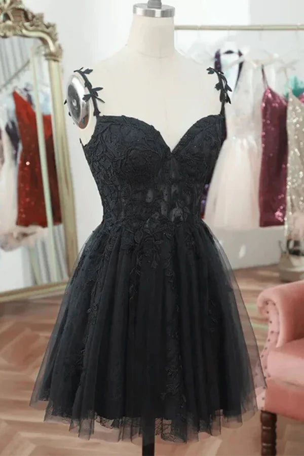 Straps Sweetheart Lace Cute Black Homecoming Dress Cocktail Dress