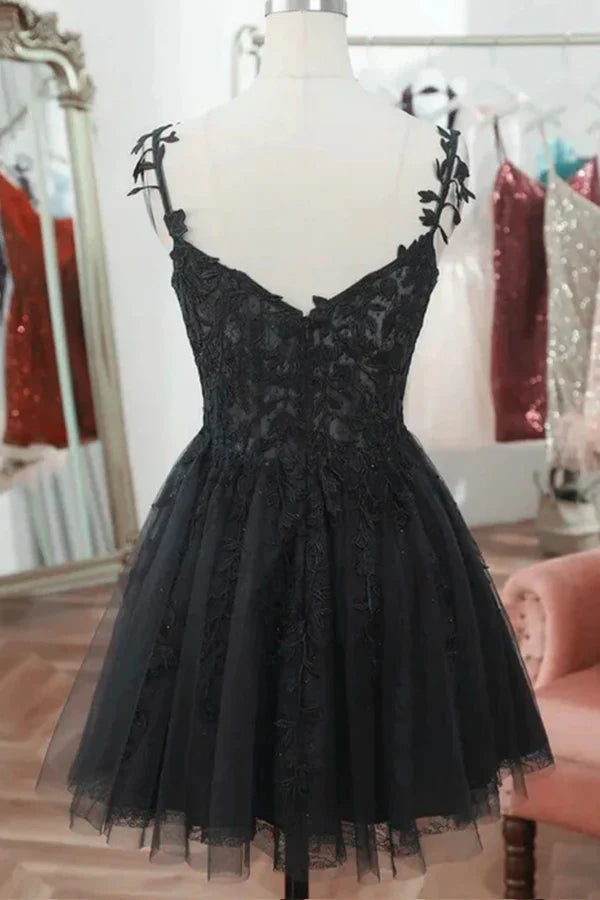 Straps Sweetheart Lace Cute Black Homecoming Dress Cocktail Dress