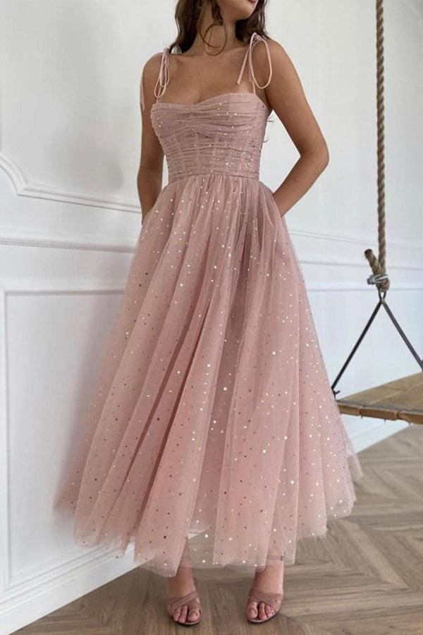 Straps Tea Length Pink Prom Dresses Tulle Homecoming Dresses