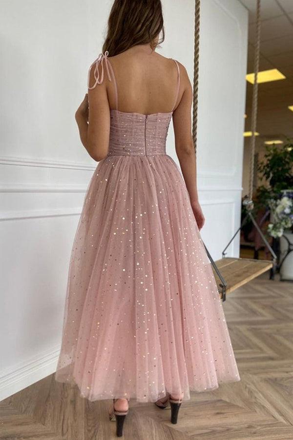 Straps Tea Length Pink Prom Dresses Tulle Homecoming Dresses