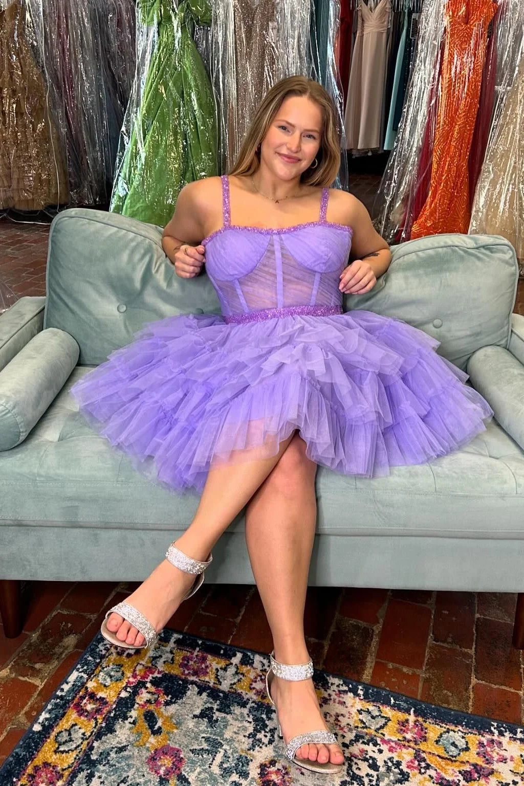 Straps Lavender Beaded Tiered A-line Short Unique Design Full Of Charm Homecoming Dresses