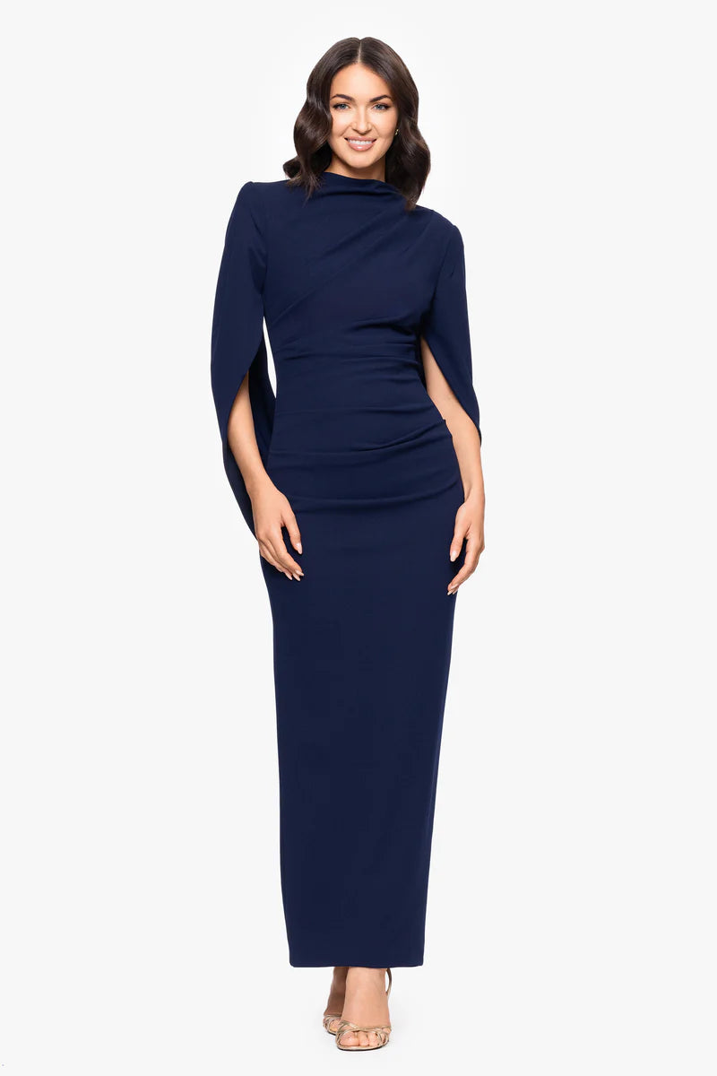 Stretch Crepe Maxi Bodycon High Cowl Neck Split Cape Sleeve Zipper Back Side Slit Maxi Length Mother of the Bride Dresses