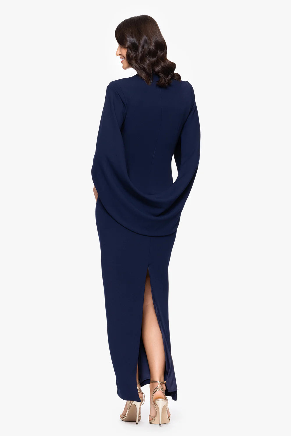Stretch Crepe Maxi Bodycon High Cowl Neck Split Cape Sleeve Zipper Back Side Slit Maxi Length Mother of the Bride Dresses