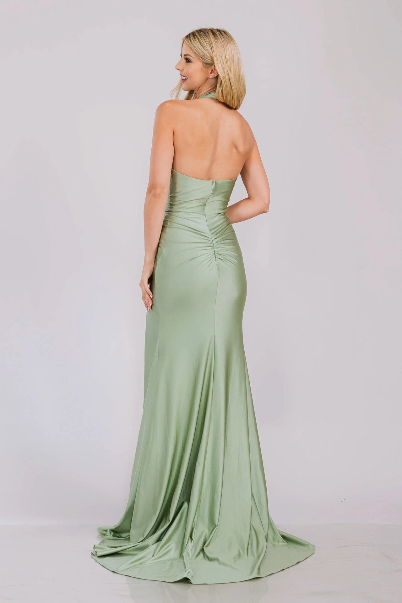 Stretch Satin Halter Neck Plunging V-Neck Ruched High Slit Floor Length Prom Dress