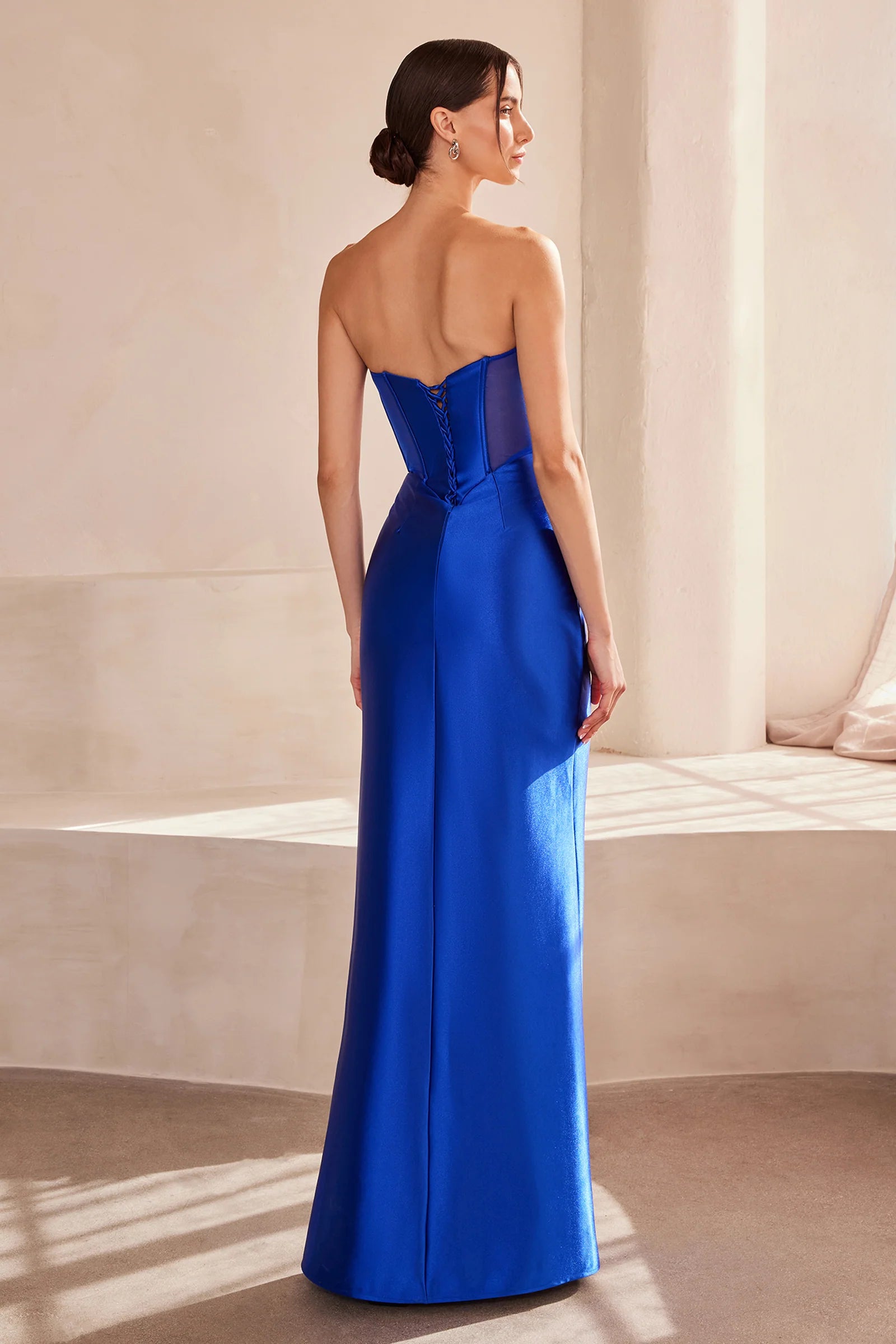 Stretch Satin Strapless Sweetheart Corset Ruched High Slit Floor Length Prom Dress