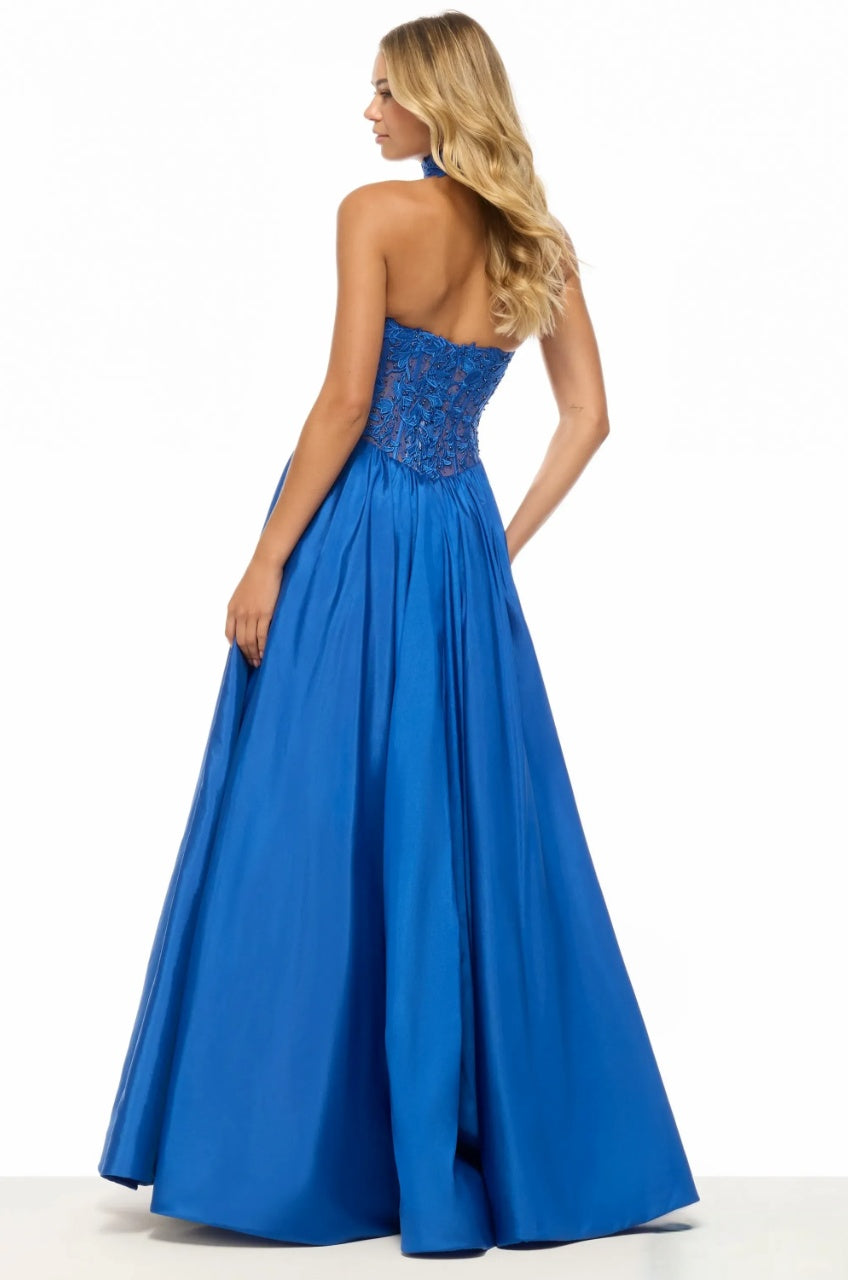 Striking Ball Gown Strapless Lace Applique Choker Neck Floor Length Evening Dress