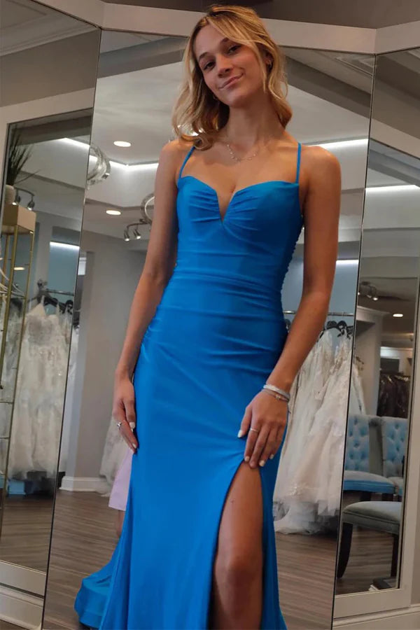 Striking Blue Mermaid Sweetheart Spaghetti-Strap Lace-Up High-Slit Floor-Length Prom Dress