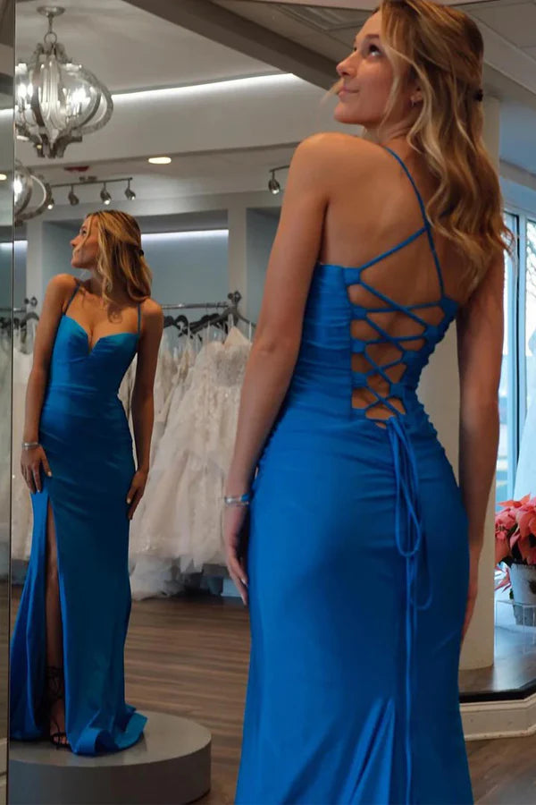 Striking Blue Mermaid Sweetheart Spaghetti-Strap Lace-Up High-Slit Floor-Length Prom Dress