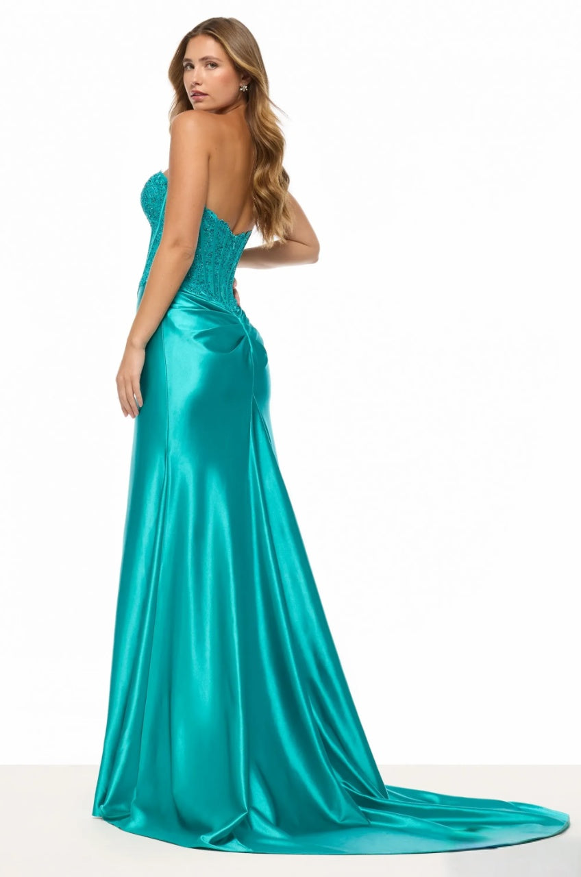 Striking Mermaid Strapless Lace Corset Keyhole Floor Length Evening Dress