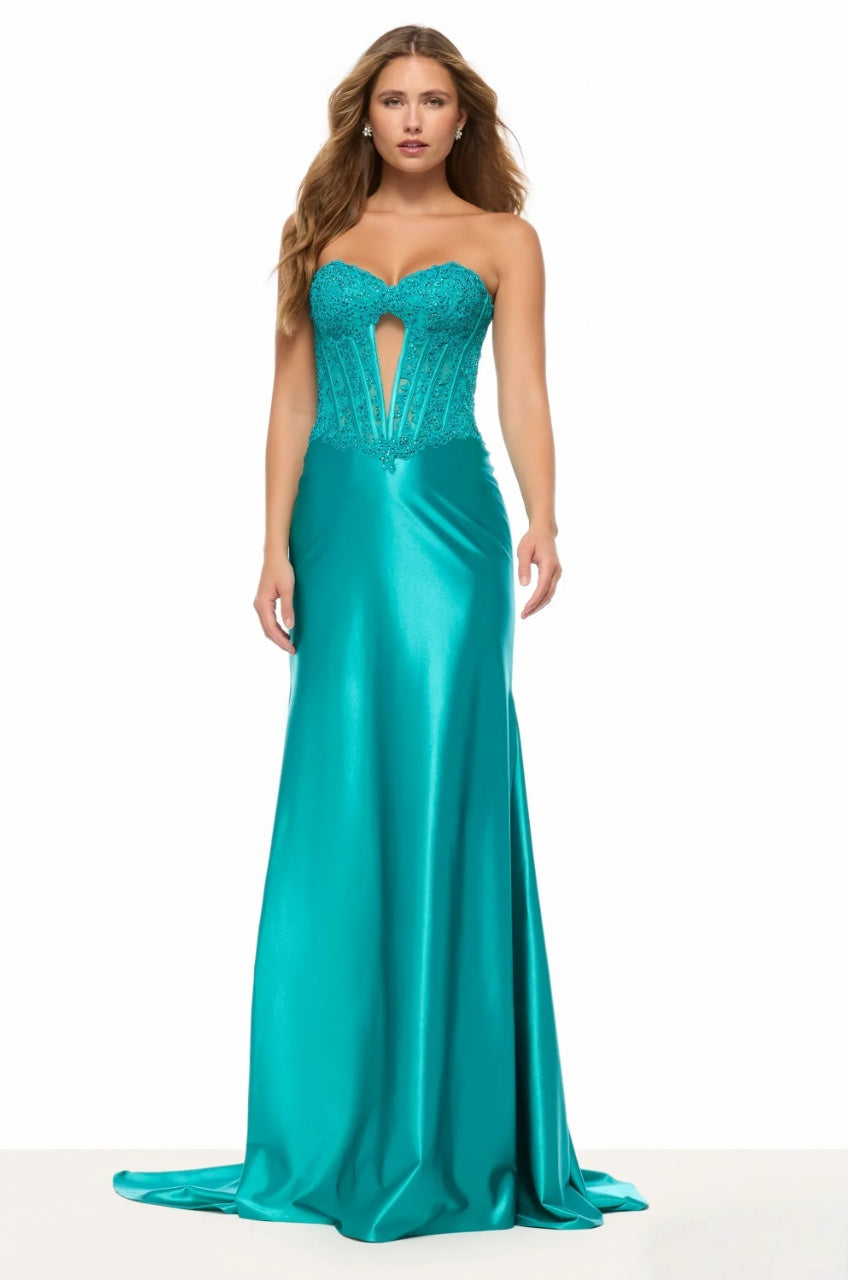 Striking Mermaid Strapless Lace Corset Keyhole Floor Length Evening Dress