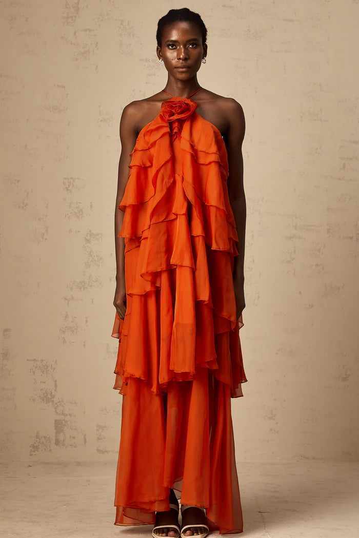 Striking Orange Halter Tiered Ruffle Cross Back Floor Length Evening Dresses
