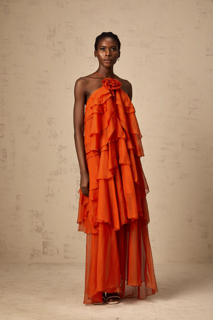 Striking Orange Halter Tiered Ruffle Cross Back Floor Length Evening Dresses