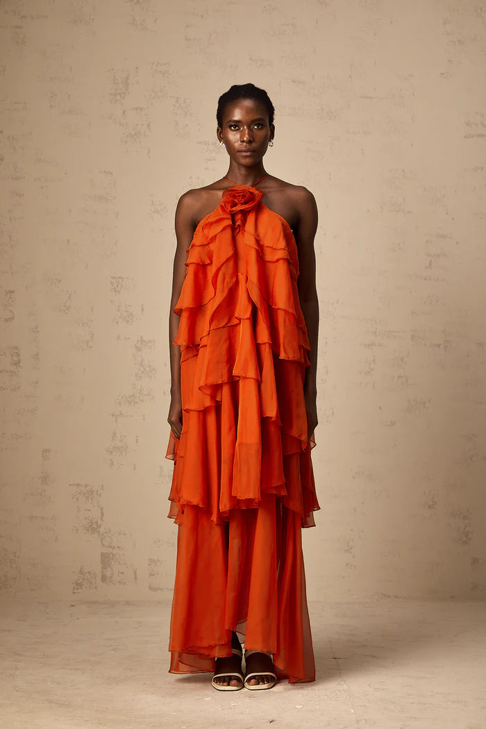 Striking Orange Halter Tiered Ruffle Cross Back Floor Length Evening Dresses