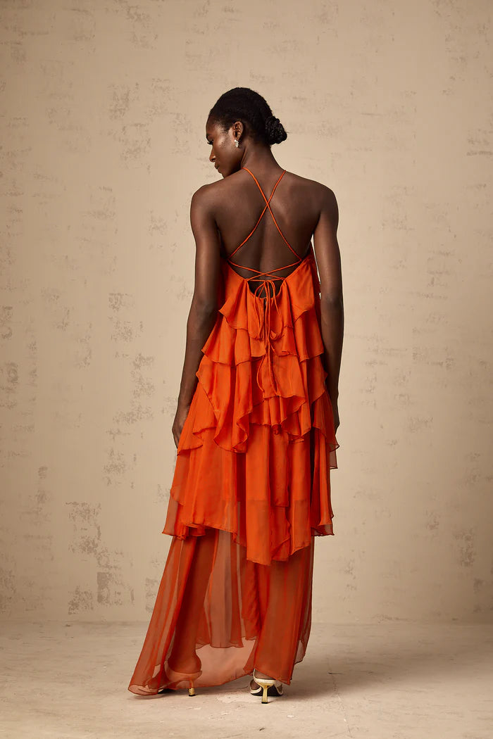 Striking Orange Halter Tiered Ruffle Cross Back Floor Length Evening Dresses