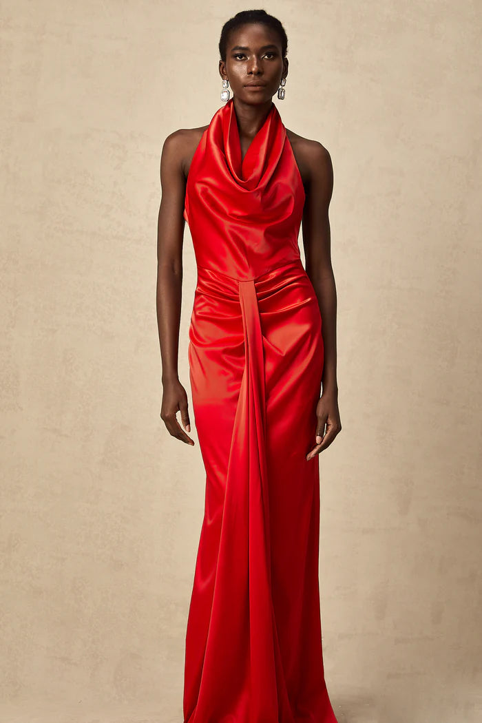 Striking Red Satin Mermaid Cowl Neck Halter Back Zip Floor Length Evening Dresses