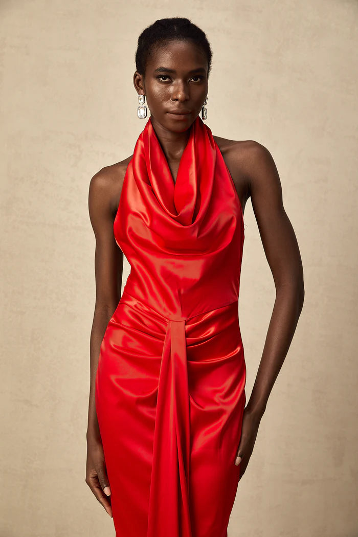 Striking Red Satin Mermaid Cowl Neck Halter Back Zip Floor Length Evening Dresses