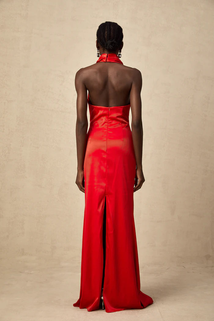 Striking Red Satin Mermaid Cowl Neck Halter Back Zip Floor Length Evening Dresses