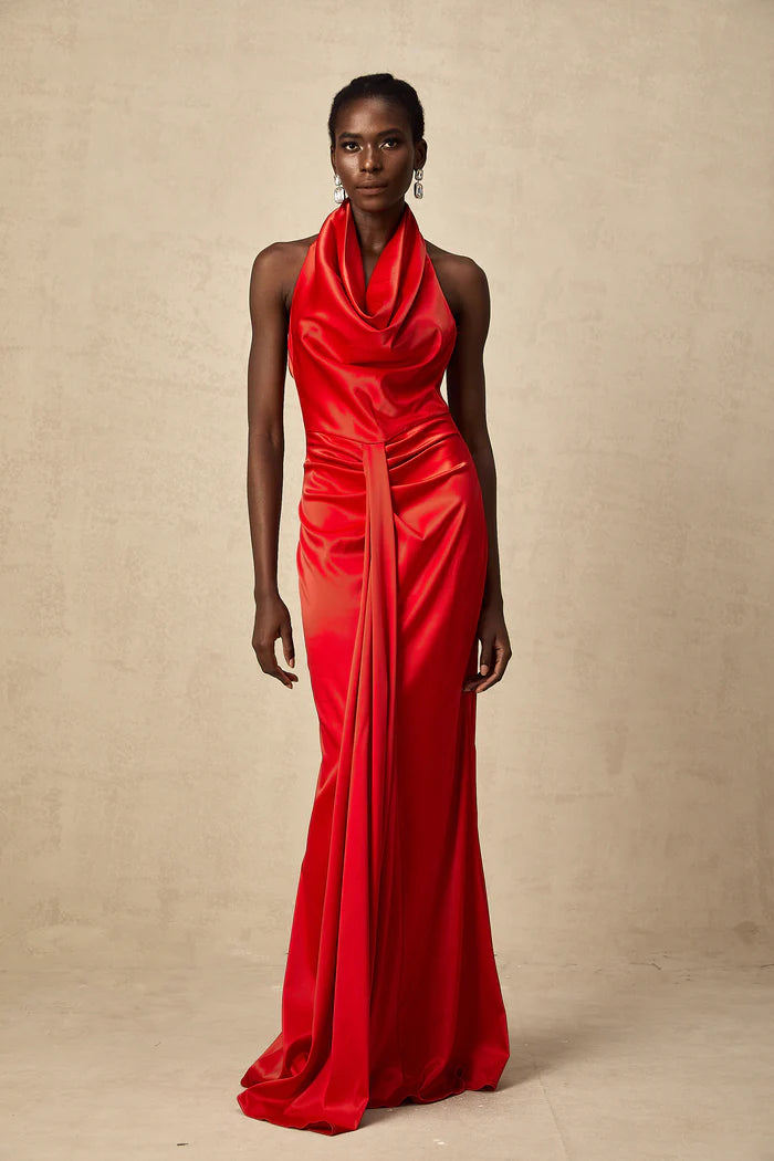 Striking Red Satin Mermaid Cowl Neck Halter Back Zip Floor Length Evening Dresses