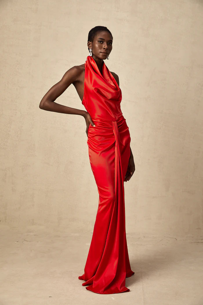 Striking Red Satin Mermaid Cowl Neck Halter Back Zip Floor Length Evening Dresses