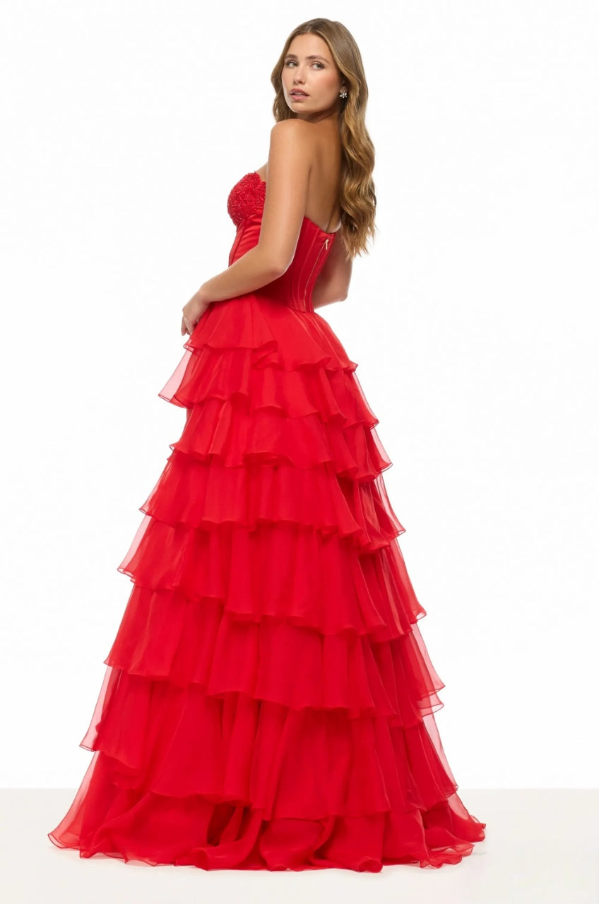 Striking Tiered Ball Gown Strapless Sweetheart Lace Corset Slit Floor Length Evening Dress