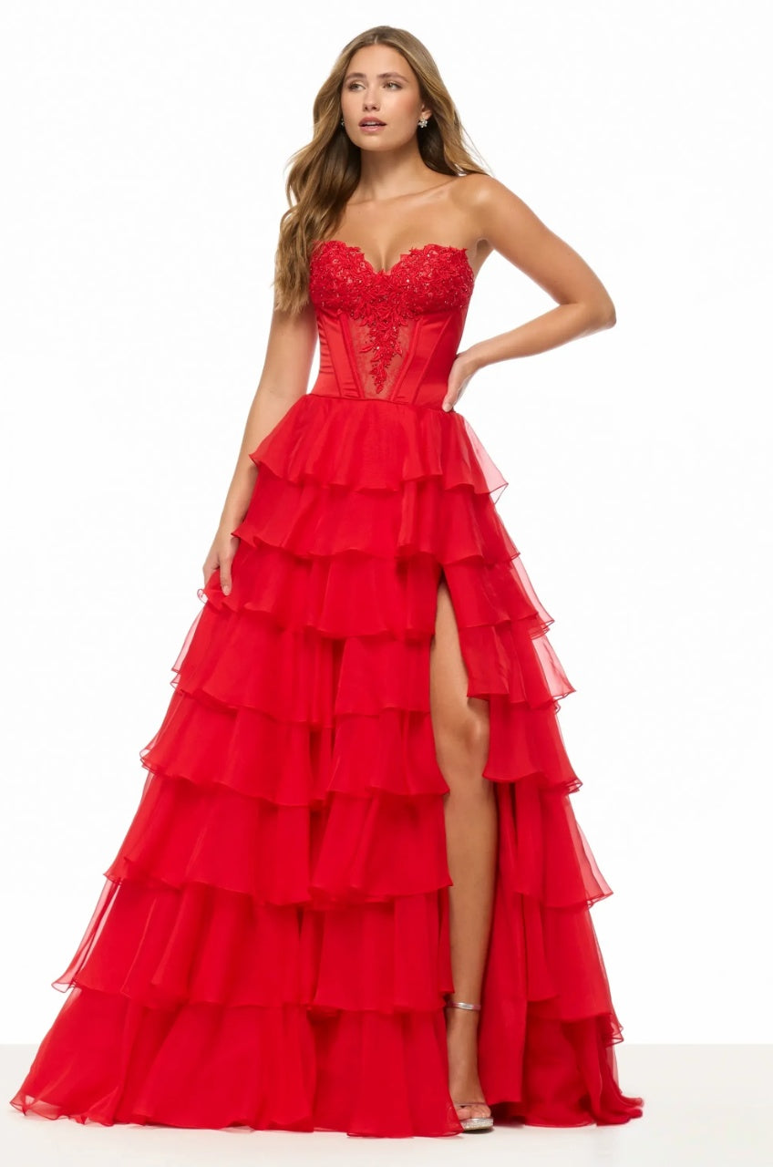 Striking Tiered Ball Gown Strapless Sweetheart Lace Corset Slit Floor Length Evening Dress