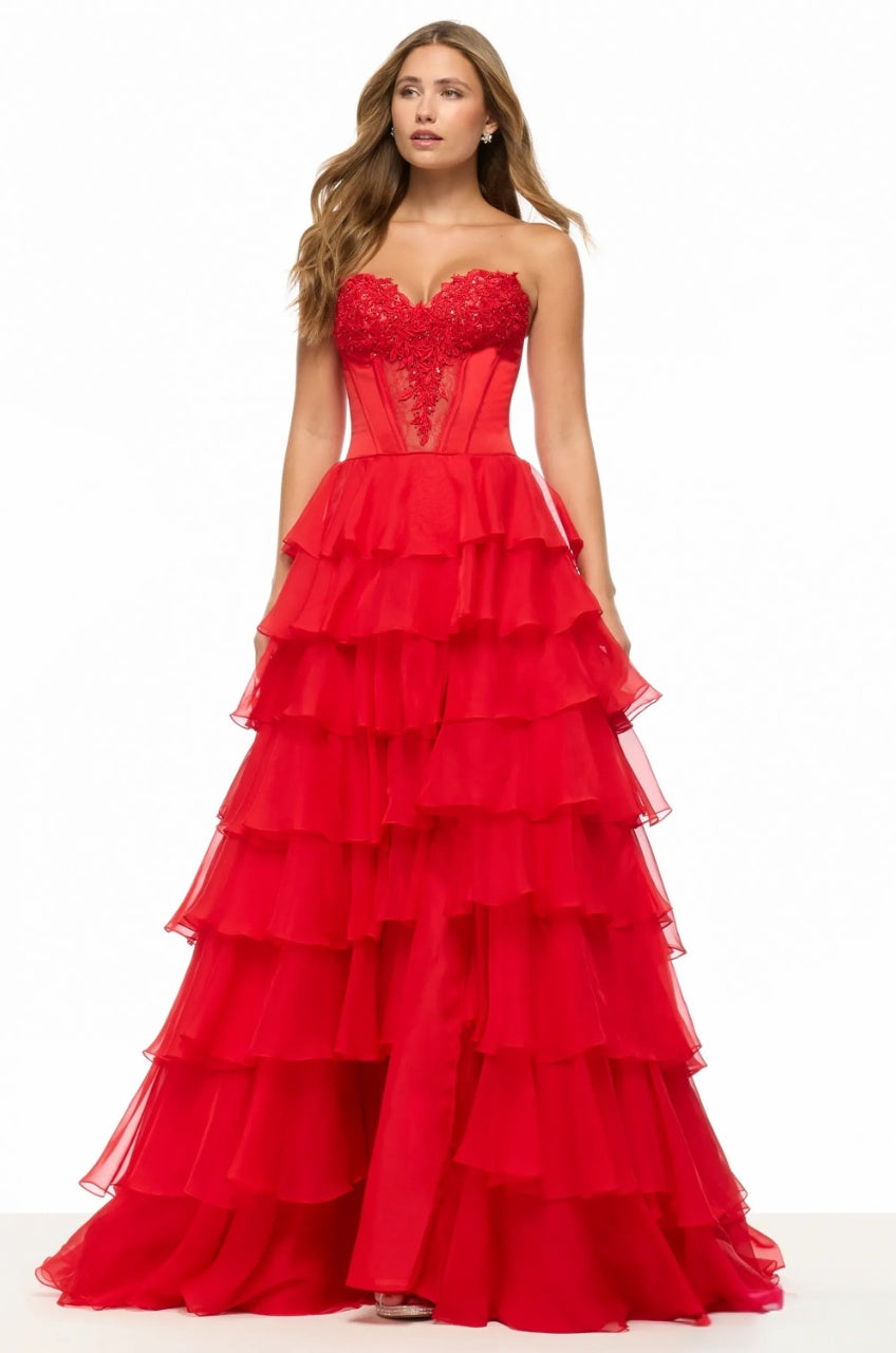 Striking Tiered Ball Gown Strapless Sweetheart Lace Corset Slit Floor Length Evening Dress