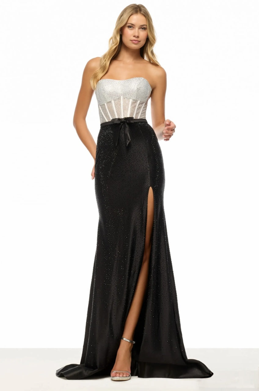 Striking Mermaid Strapless Corset Sequin Top Bow Waist Slit Floor Length Evening Dress
