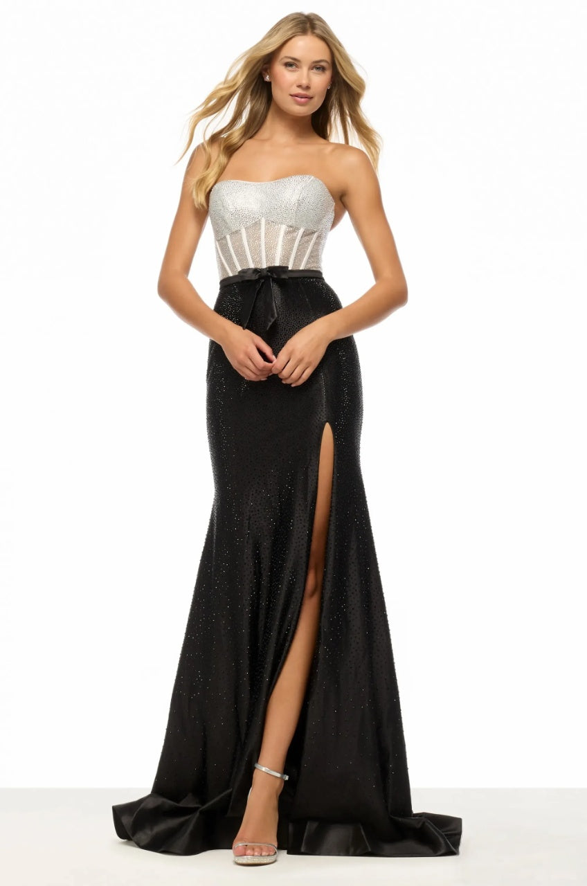 Striking Mermaid Strapless Corset Sequin Top Bow Waist Slit Floor Length Evening Dress