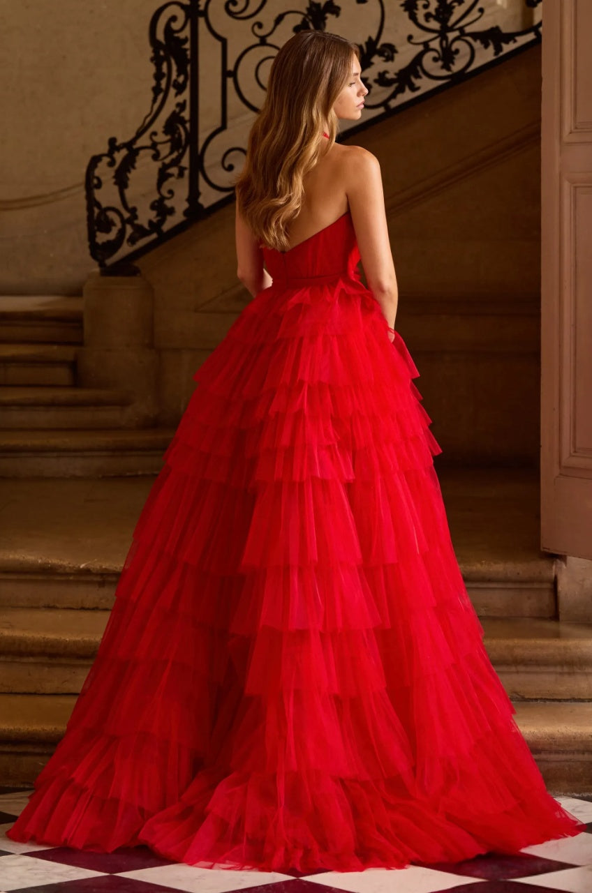 Striking Tiered Halter Neck Plunging V-Neck Tulle Slit Floor Length Evening Dress