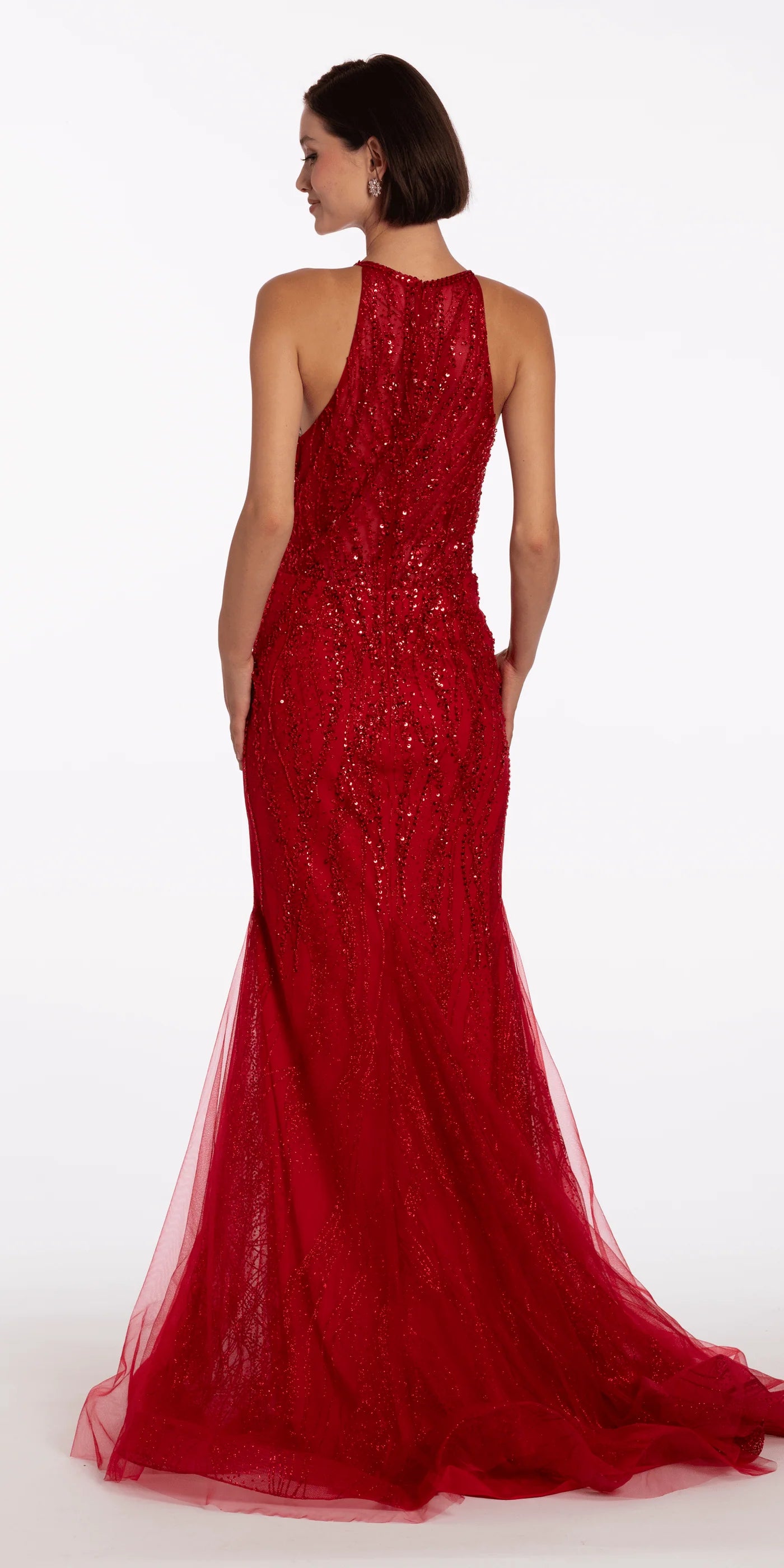 Striking halter neck beaded evening gown with keyhole detail, mermaid skirt and train