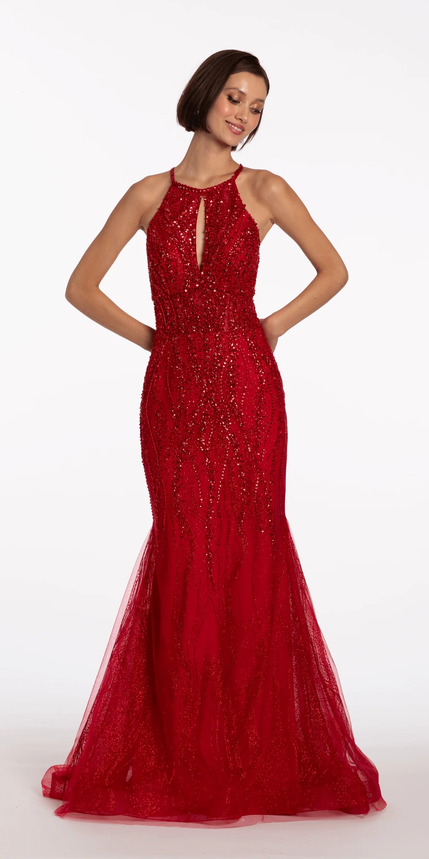 Striking halter neck beaded evening gown with keyhole detail, mermaid skirt and train
