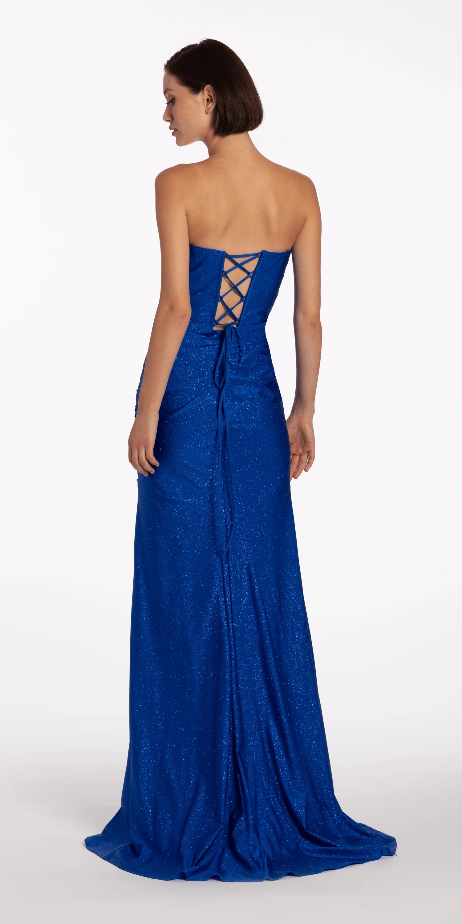 Striking royal blue glitter evening dress with strapless sweetheart neck, lace corset, and mermaid skirt with slit