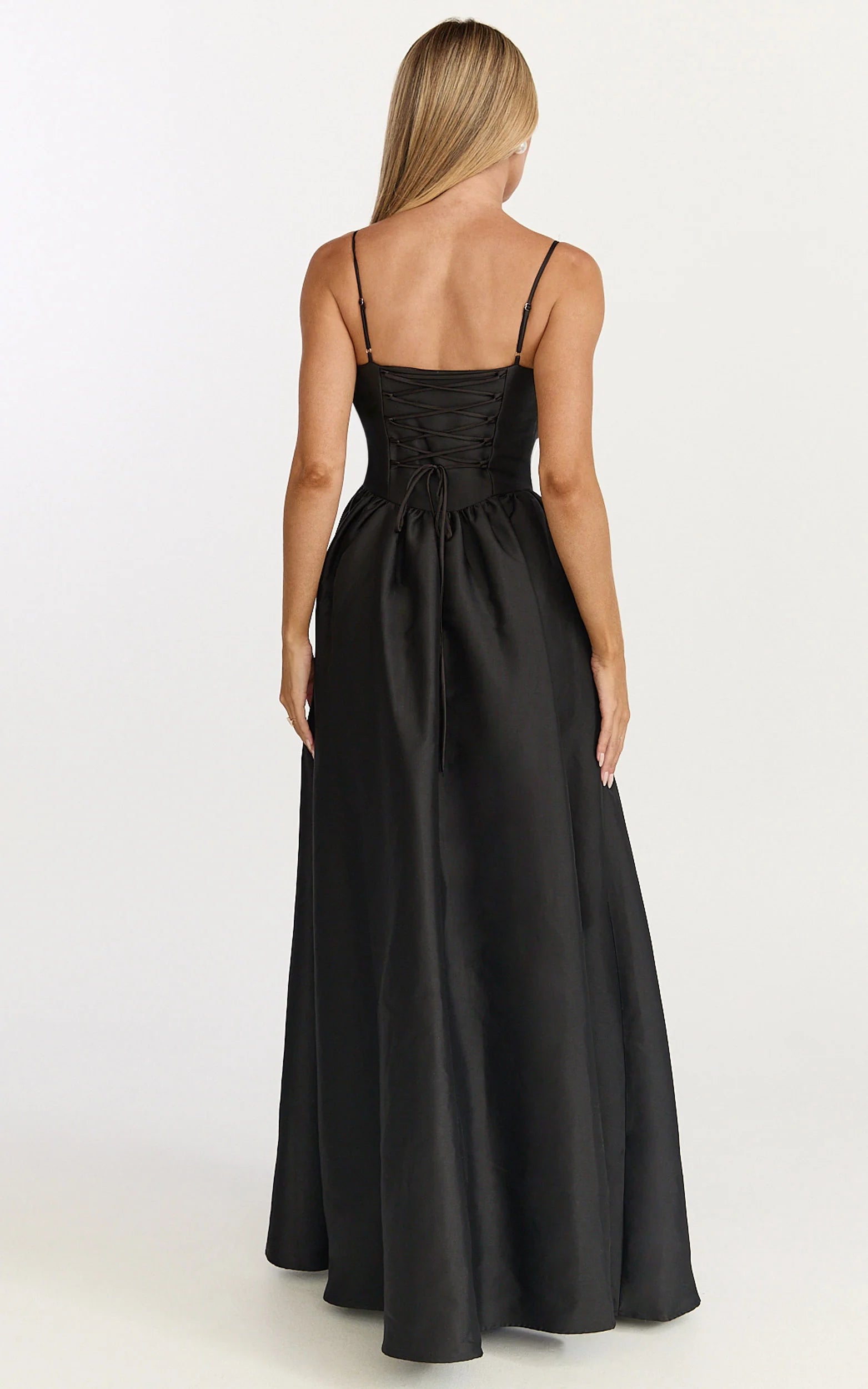 Structured A-Line Square-Neck Thin-Strap Corset Lace-Up Floor-Length Black Evening Dress