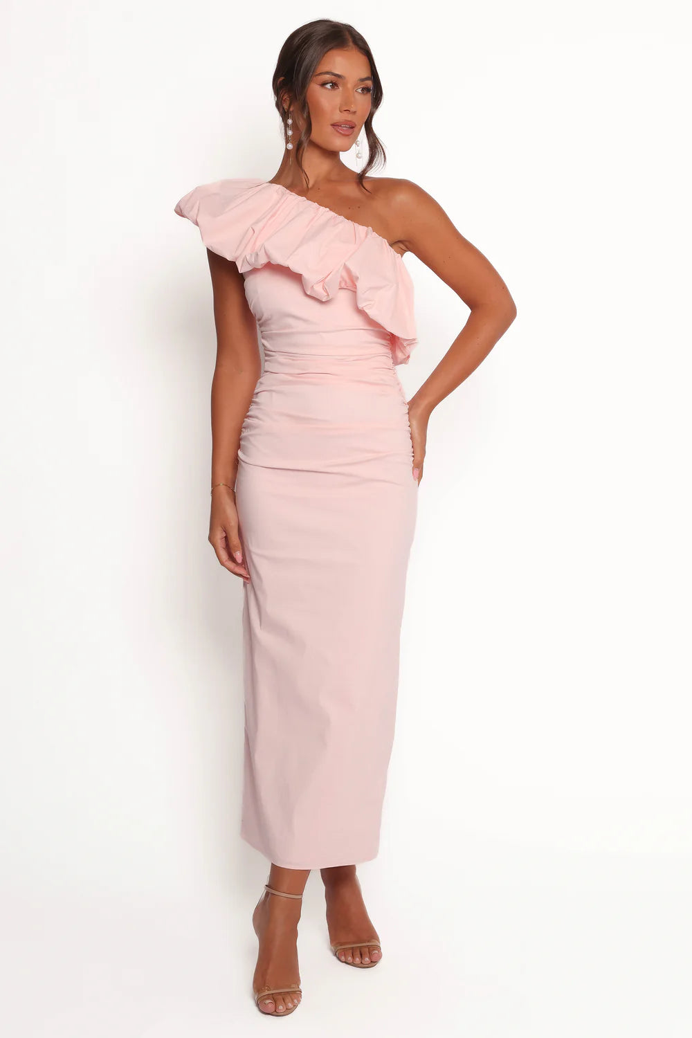 Structured Cotton Blend Midi One Shoulder Voluminous Ruffle Open Back Slit Evening Dress