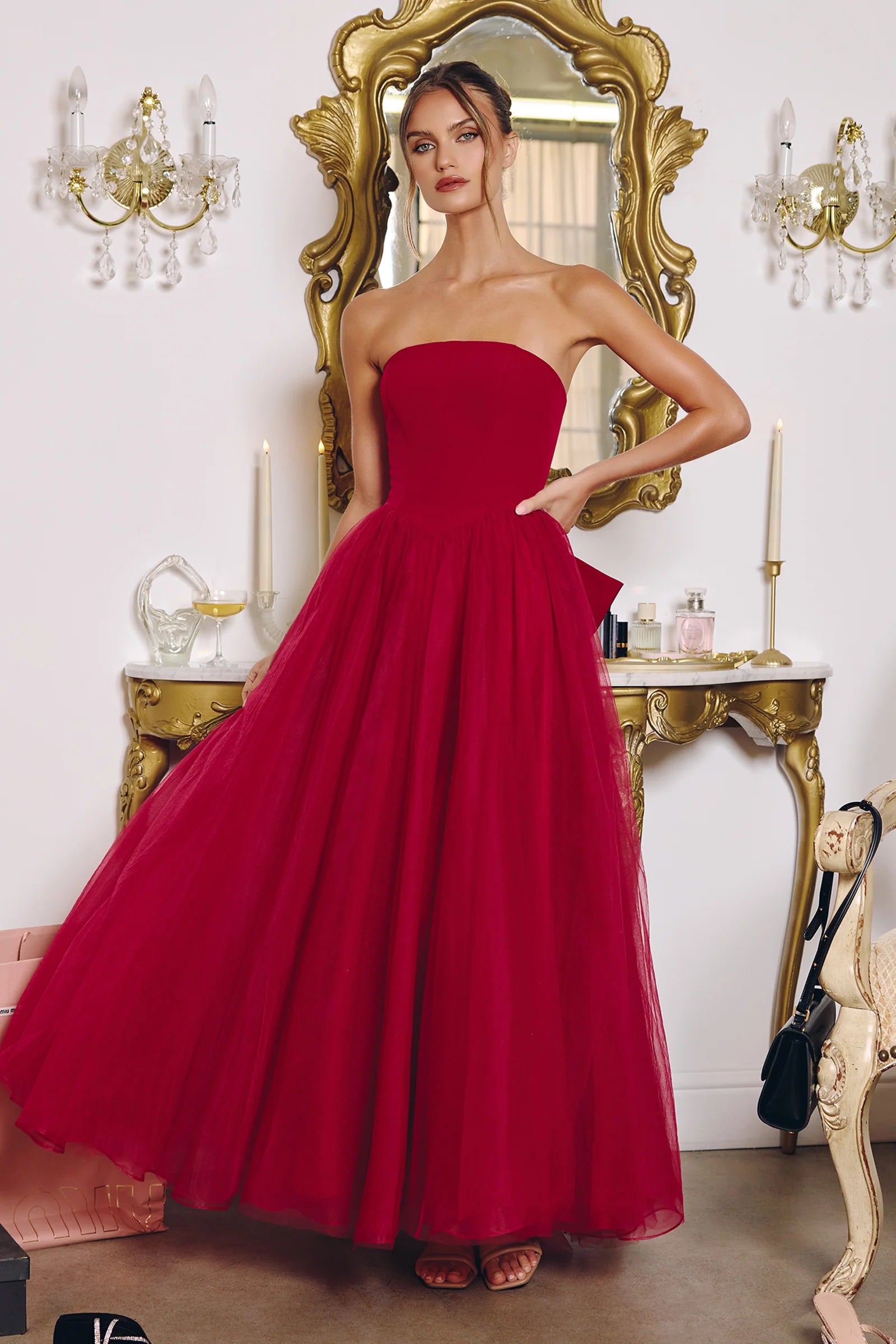 Structured Crepe Bodice Strapless Tulle A-Line Floor Length Prom Dress