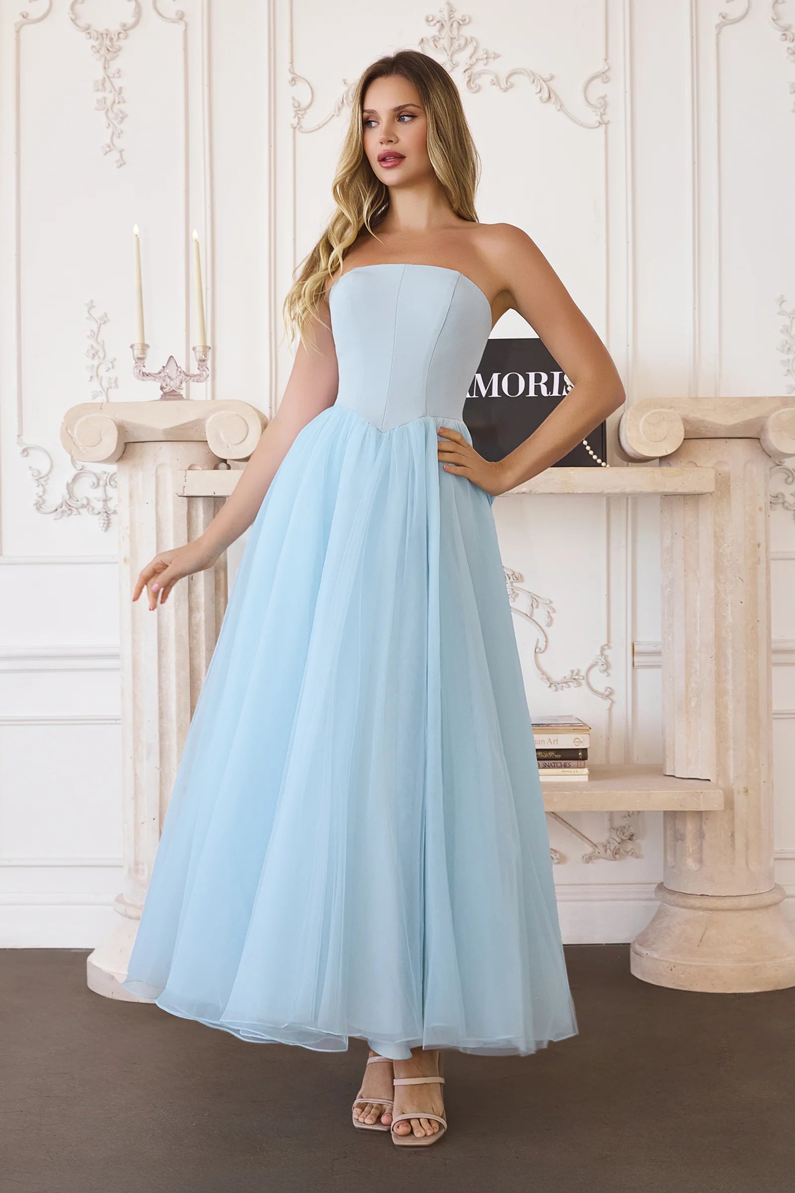 Structured Crepe Bodice Strapless Tulle A-Line Floor Length Prom Dress