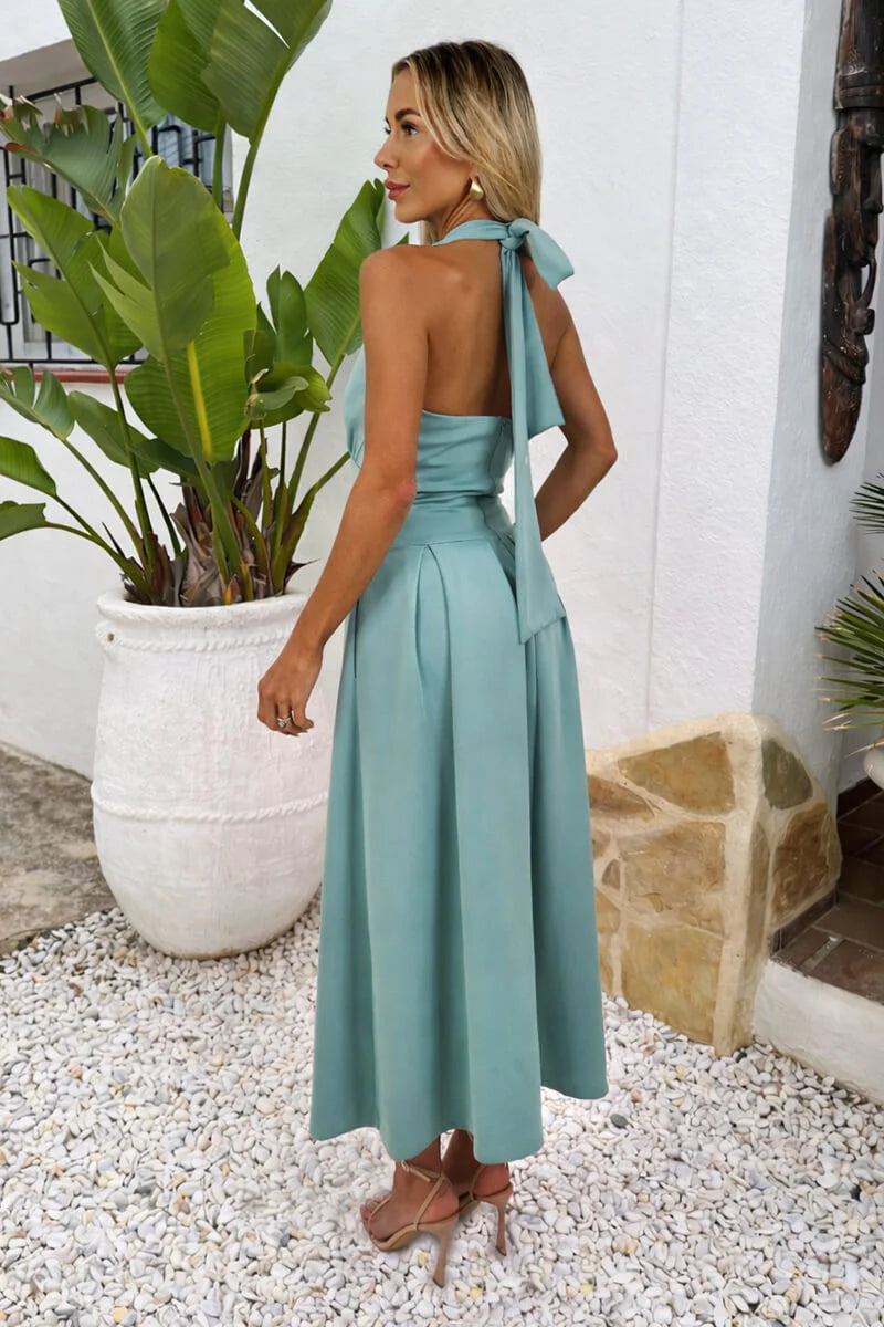 Structured Halter V-Neck Bow-Back Pleated Waist A-Line Midi Evening Dress