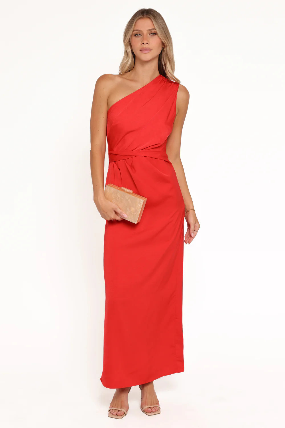 Structured Satin Maxi One Shoulder Draped Bodice Waist Tie Slit Evening Dress