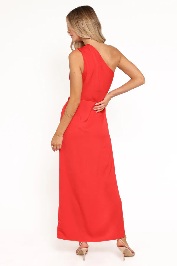 Structured Satin Maxi One Shoulder Draped Bodice Waist Tie Slit Evening Dress