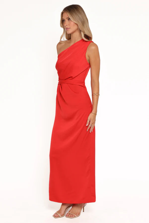 Structured Satin Maxi One Shoulder Draped Bodice Waist Tie Slit Evening Dress