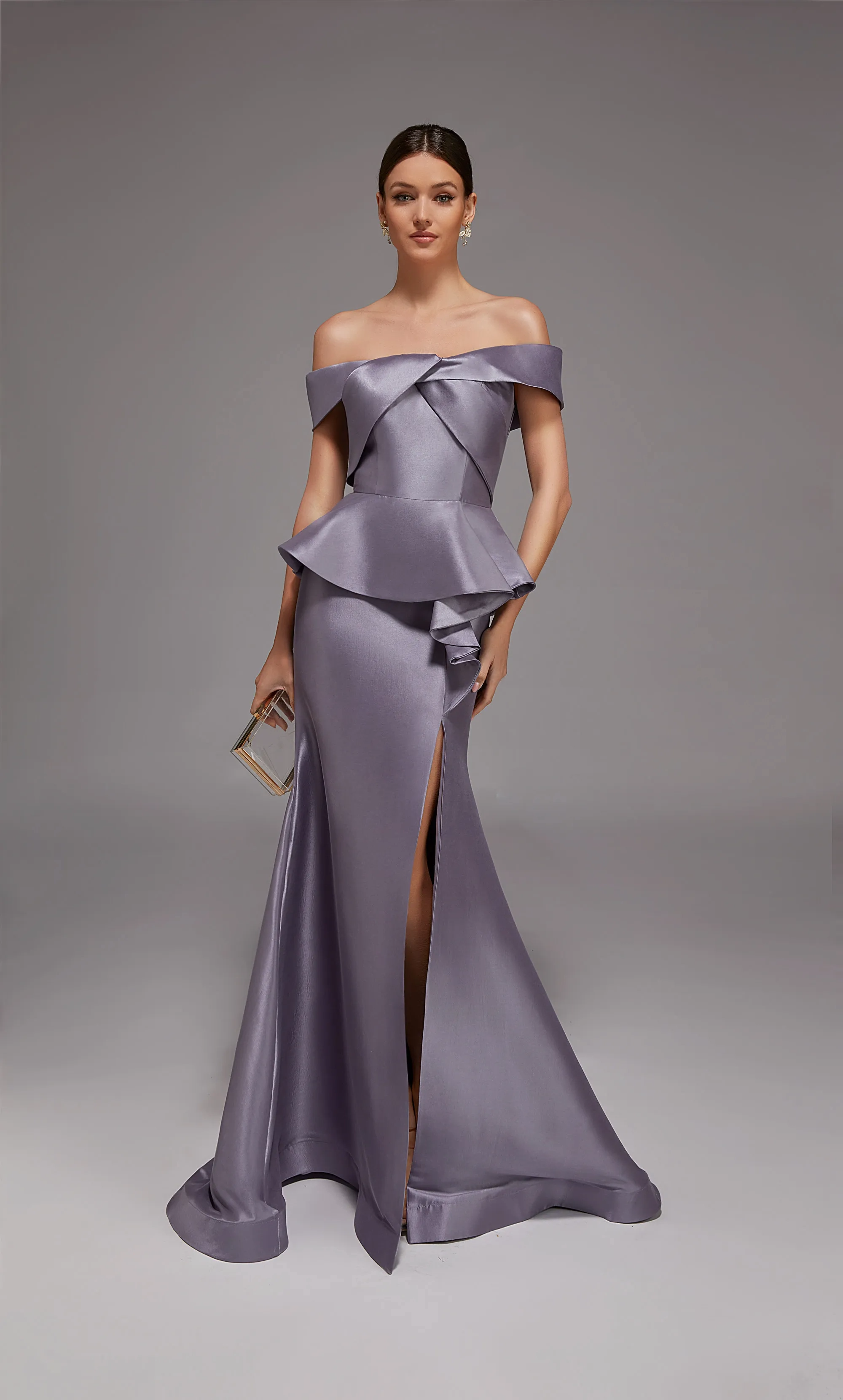 Structured Satin Mermaid Off-the-Shoulder Peplum Waist Slit Floor-Length Mother of the Bride Dresses