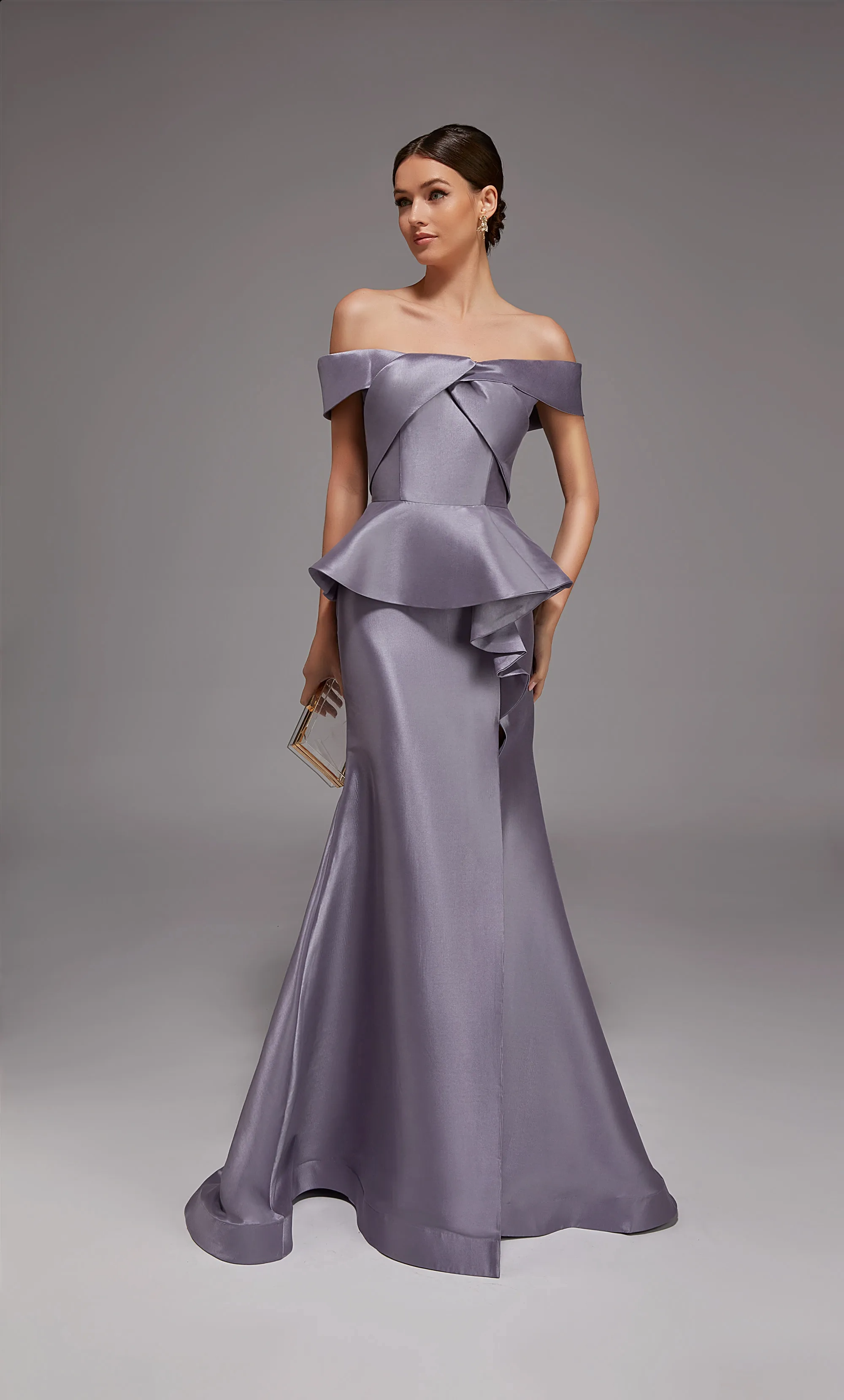 Structured Satin Mermaid Off-the-Shoulder Peplum Waist Slit Floor-Length Mother of the Bride Dresses