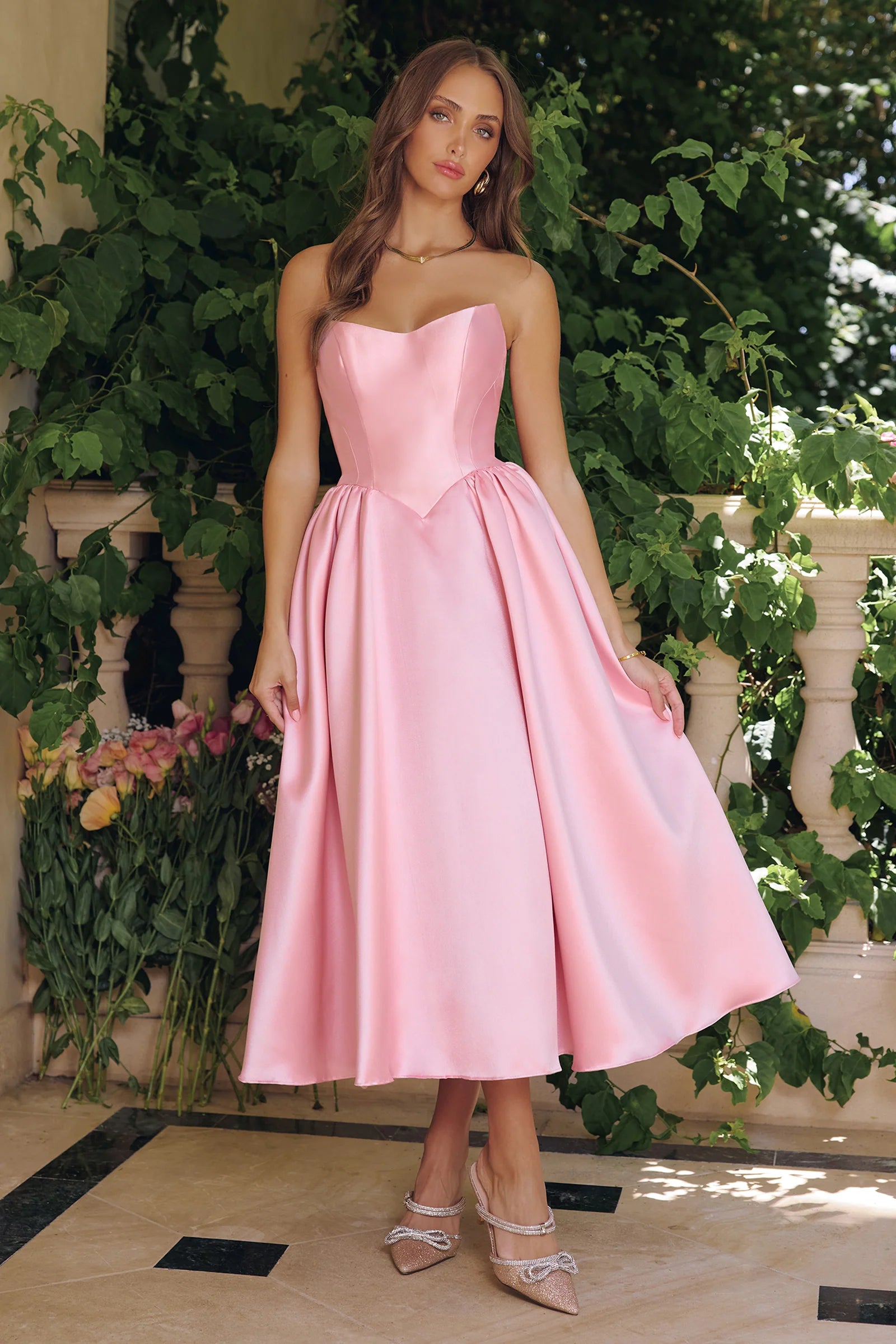 Structured Satin Strapless Sweetheart Midi A-Line Corset Prom Dress